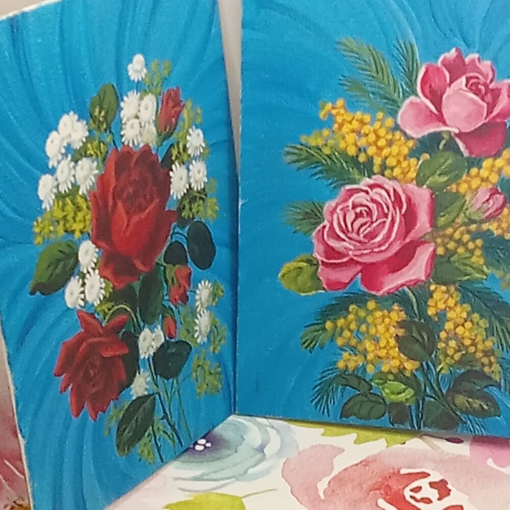 ART Hand Painted RED PINK ROSES Dainty Flowers on Canvas Turquoise Blue Signed 2